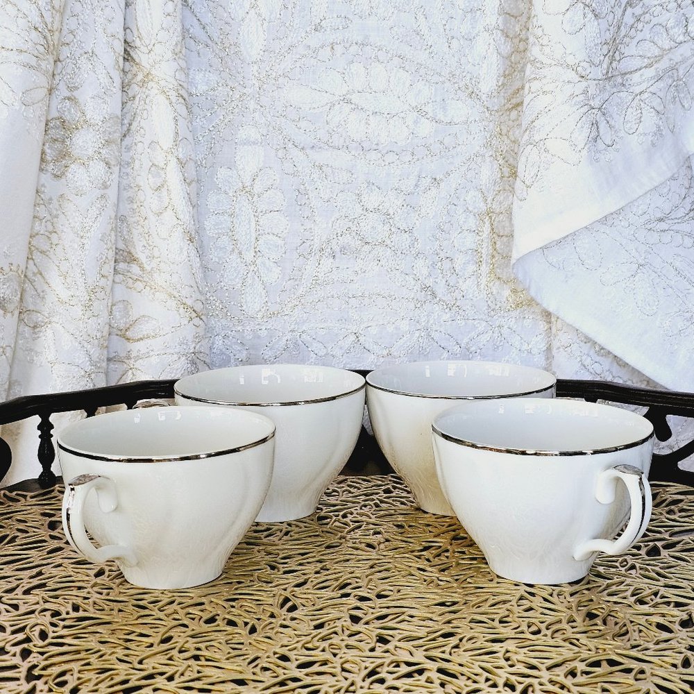 Vintage Laurel China 7285 Anniversary Porcelain Tea Cup 4pc Set, Silver Rim